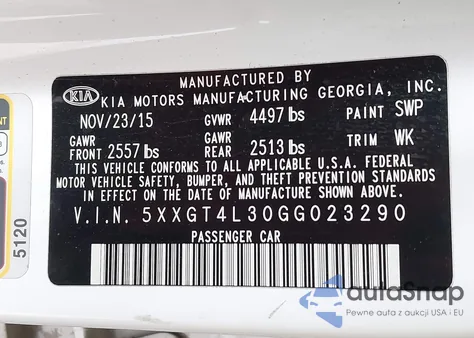 2016 Kia Optima Lx from USA, damaged, VIN 5XXGT4L30GG023290